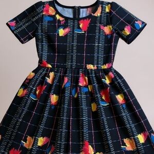 Lularoe Amelia Small Dress  Black Abstract Flames Floral Pink Colorful Unicorn